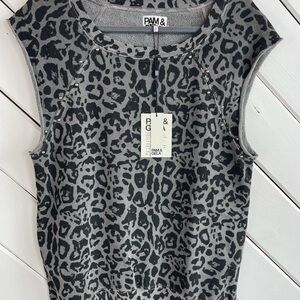 Pam & Gela Gray Leopard Zoe Studded Sweatshirt Tank Top